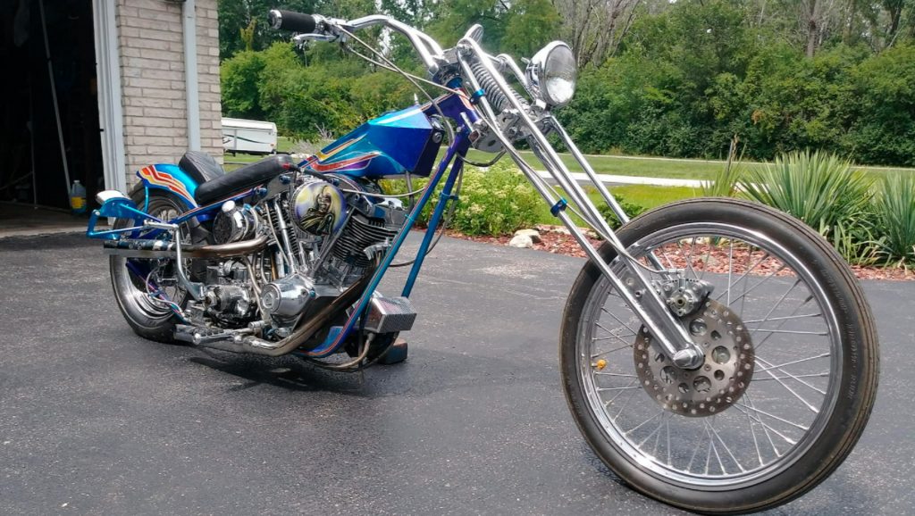 The blue 1984 Harley-Davidson Arlen Ness custom Iron Maiden chopper