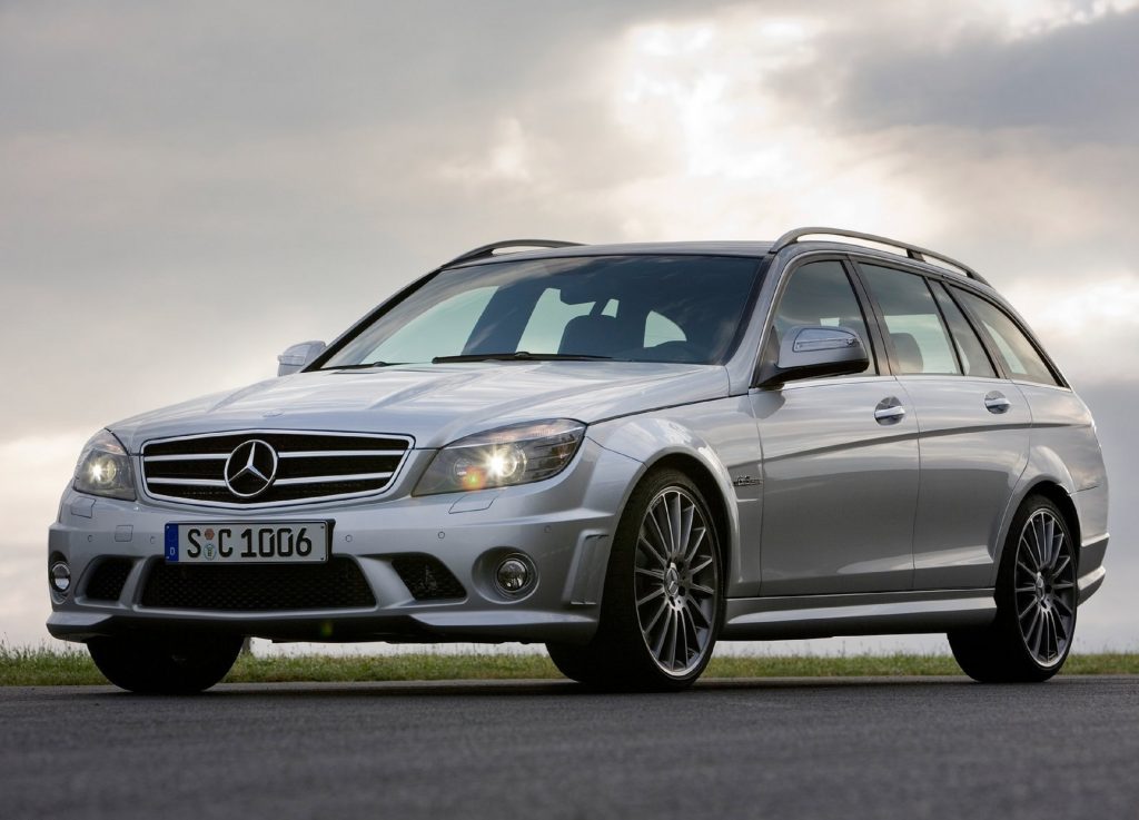 A silver 2008 W204 Mercedes C63 AMG Estate
