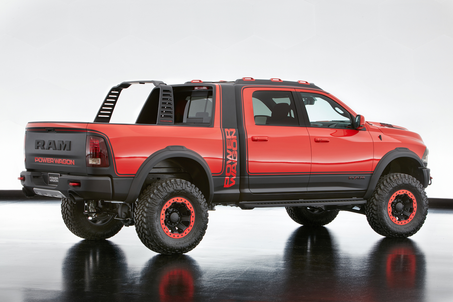 This is a promo photo of the 2016 Ram 2500 Macho Power Wagon concept truck finished in Macho Mango | Stellantis