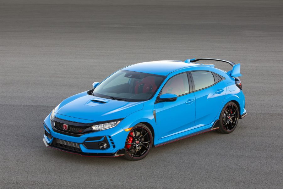 A light blue Honda Civic Type R hot hatch