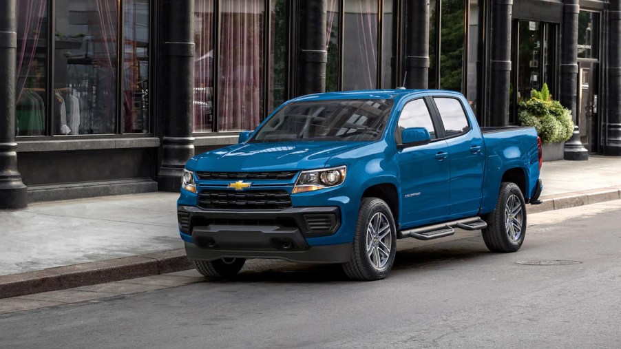 A blue 2022 chevy colorado, it beats other midsize pickups in three ways. Ridgeline, Tacoma, Gladiator owners, are you jealous?