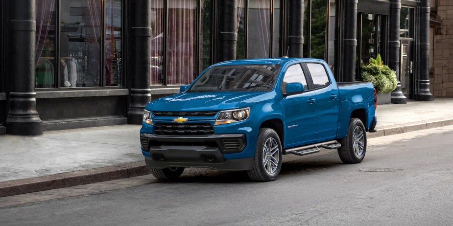 A blue 2022 chevy colorado, it beats other midsize pickups in three ways. Ridgeline, Tacoma, Gladiator owners, are you jealous?