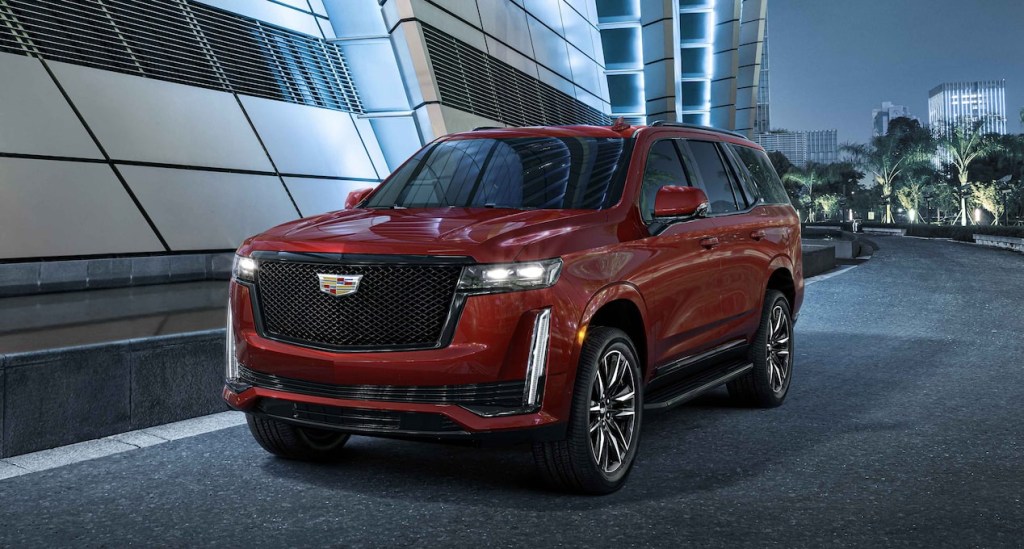 A red 2022 Cadillac Escalade luxury SUV, what's new with features, technology, and more?