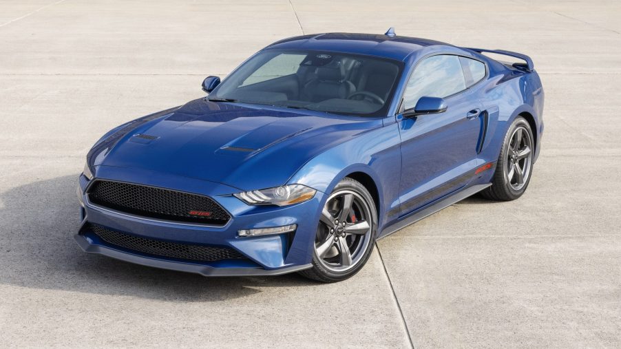 A new blue 2022 Ford Mustang GT California Special on a runway