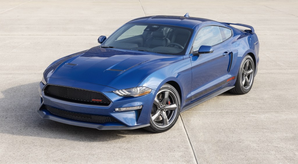 A blue 2022 Ford Mustang GT California Special on a runway