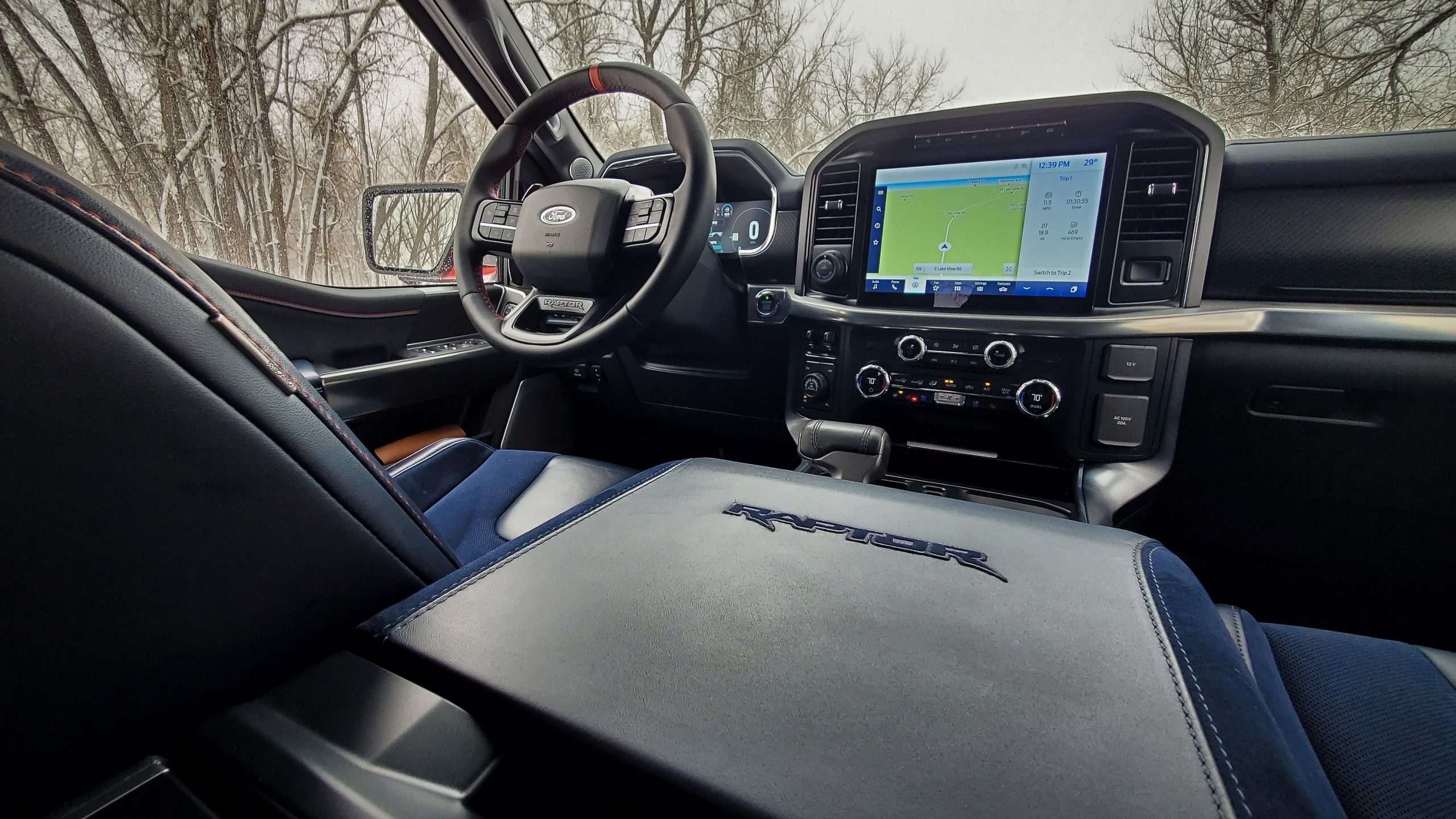 The blue leather and alcantara interior in Ford's new supertruck