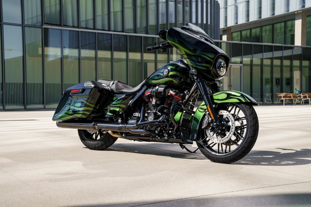 A green-and-black-flame 2022 Harley-Davidson CVO Street Glide