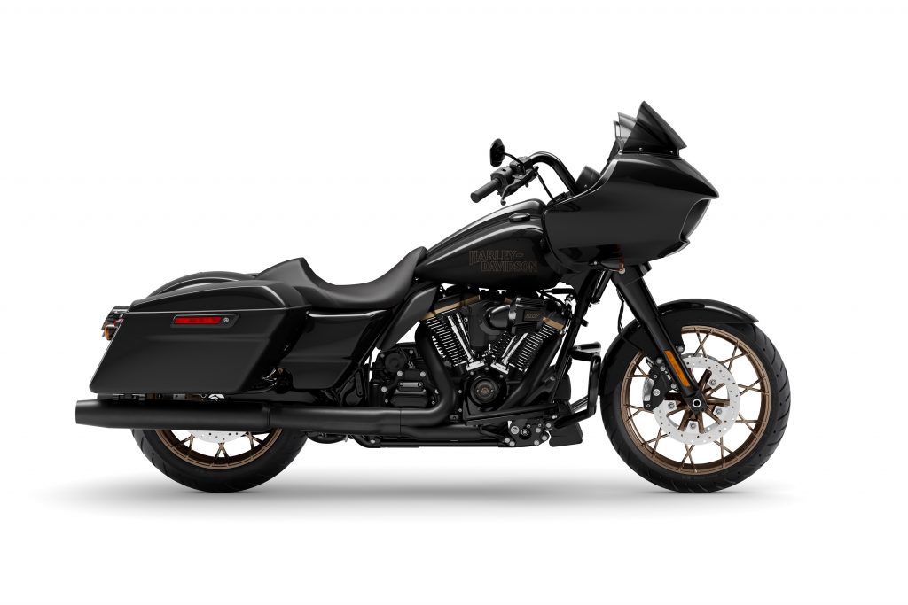 The side view of a black 2022 Harley-Davidson Road Glide ST