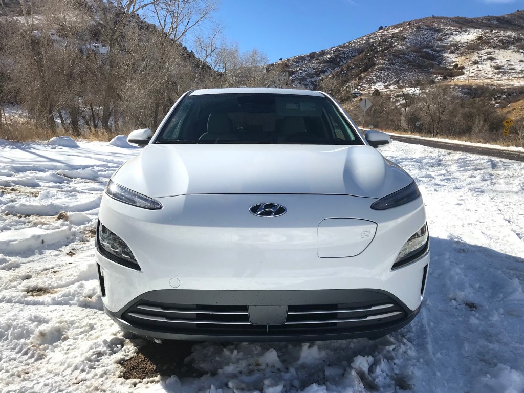 2022 Hyundai Kona Electric head on shot for our full review