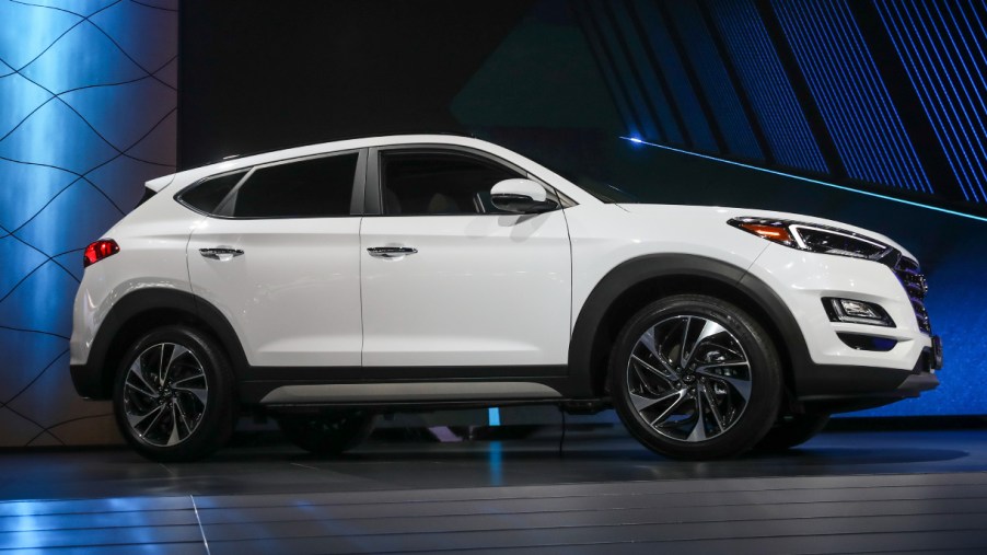 A white 2022 Hyundai Tucson is on display.