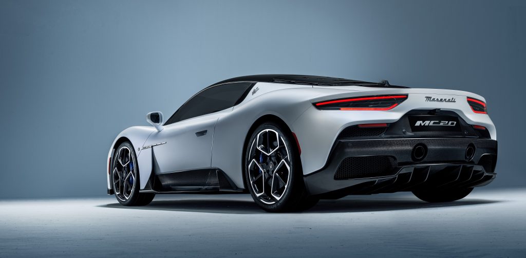 The rear 3/4 view of a white 2022 Maserati MC20