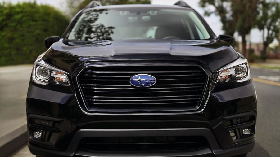 A front exterior shot of the 2022 Subaru Ascent three-row midsize SUV's headlights and grille