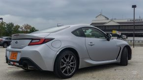 The rear 3/4 view of a silver 2022 Subaru BRZ at Road America