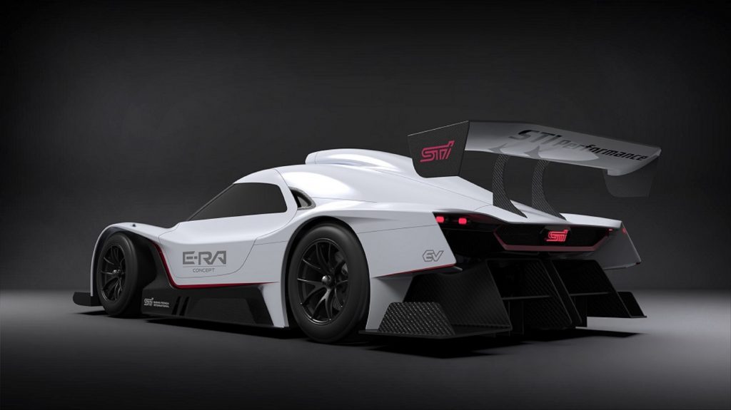 The rear 3/4 view of the black-and-white 2022 Subaru STI E-RA Concept electric race car