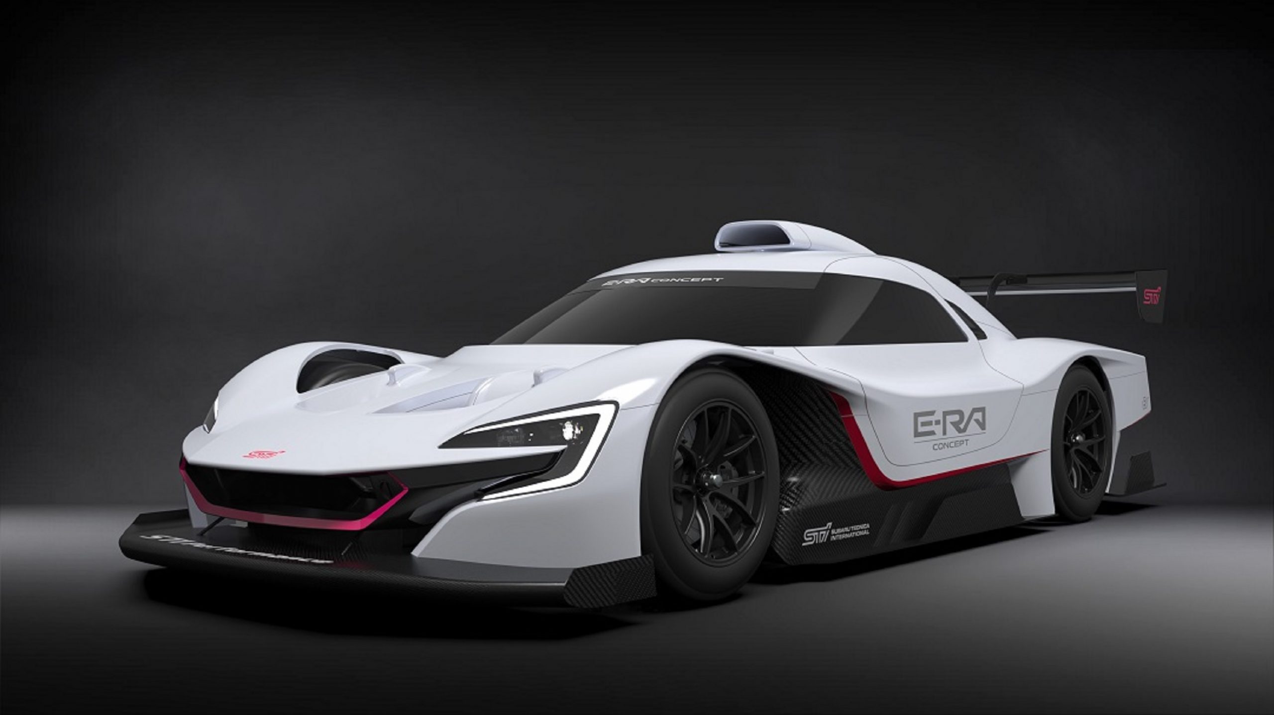 The white-and-black 2022 Subaru STI E-RA Concept electric race car