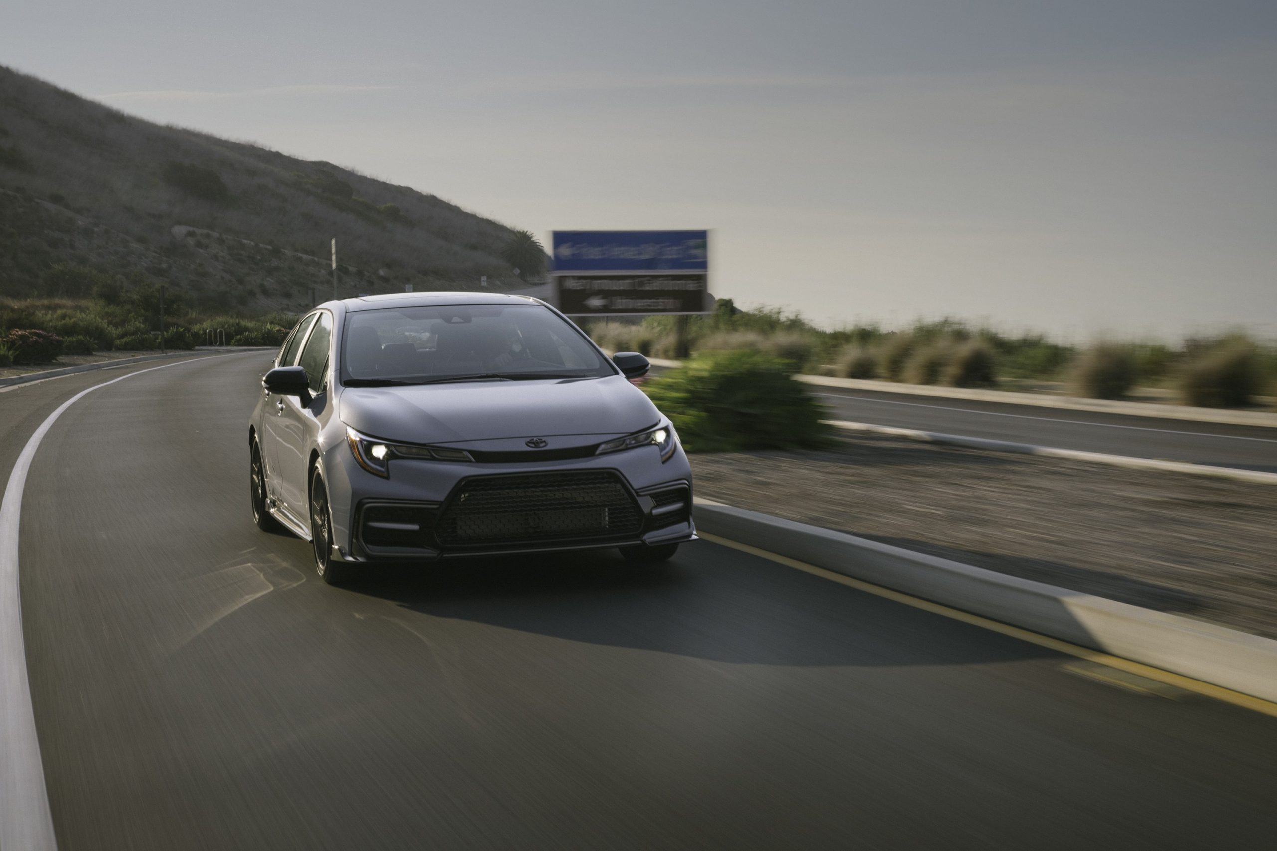 The 2022 Toyota Corolla Apex with a manual transmission shot from the front 3/4