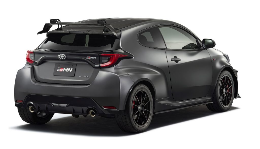 The rear 3/4 view of a gray 2022 Toyota GRMN Yaris Circuit Package