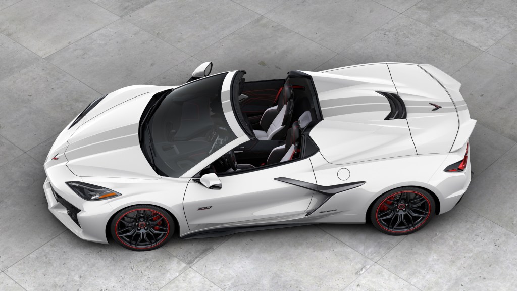 A 2023 Chevrolet Corvette Z06 70th Anniversary Edition White Pearl Metallic Tri-Coat with its roof off