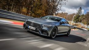 3/4 front view of a gray Mercedes-AMG GT 63 S on the Nurburgring