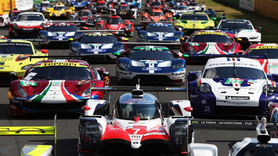 Le Mans cars line up for testing on June 3, 2018, in Le Mans, France