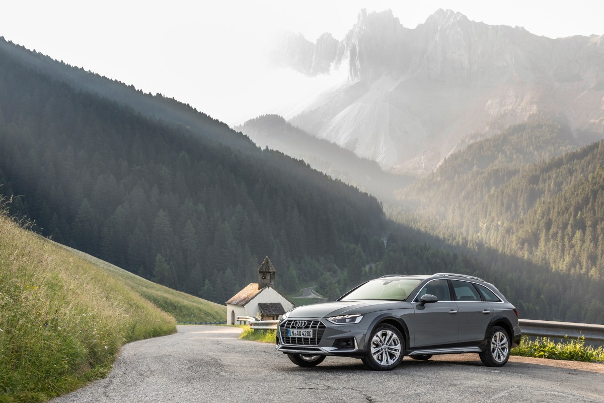 A 3/4 front view of the Audi A4 Allroad on a mountain road. 