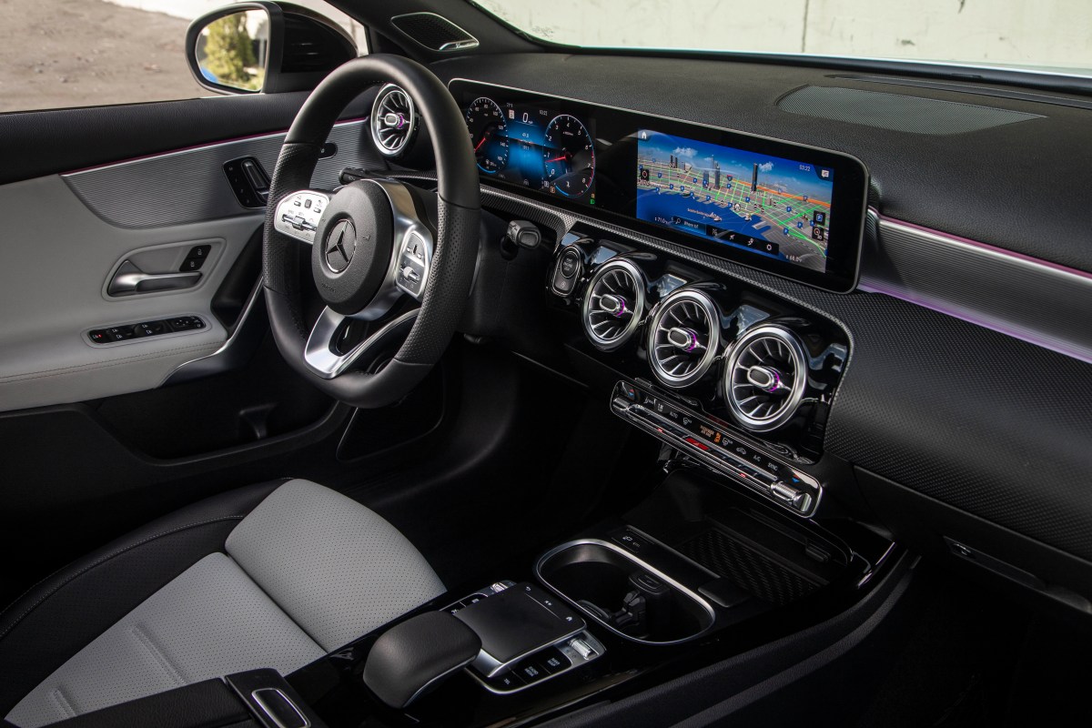A view of the interior, dashboard and steering wheel of a Mercedes-Benz A220