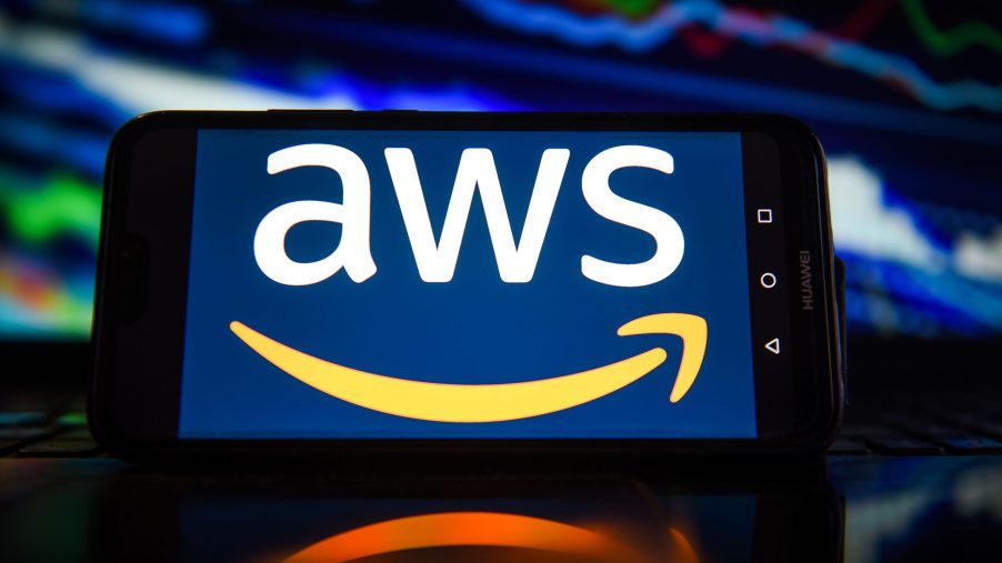 Amazon Web Services (aws) logo displayed on a smart phone.