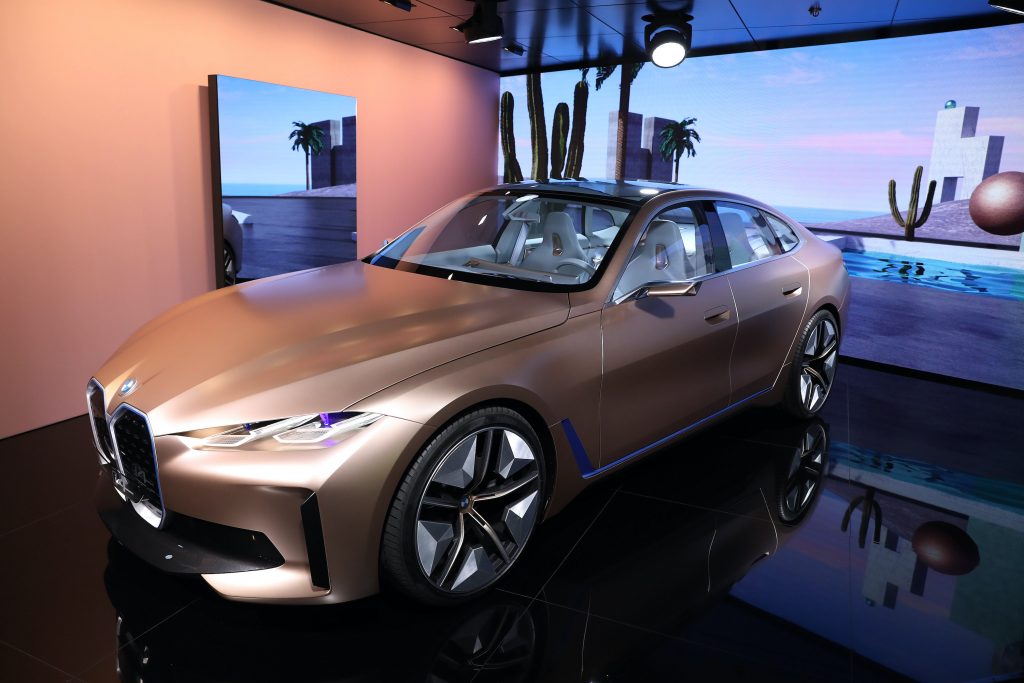 A BMW i4 electric car is on display during the 2020 Beijing International Automotive Exhibition.