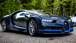 A blue Bugatti Chiron, similar to the one owned by Radim Passer, shot from the front 3/4