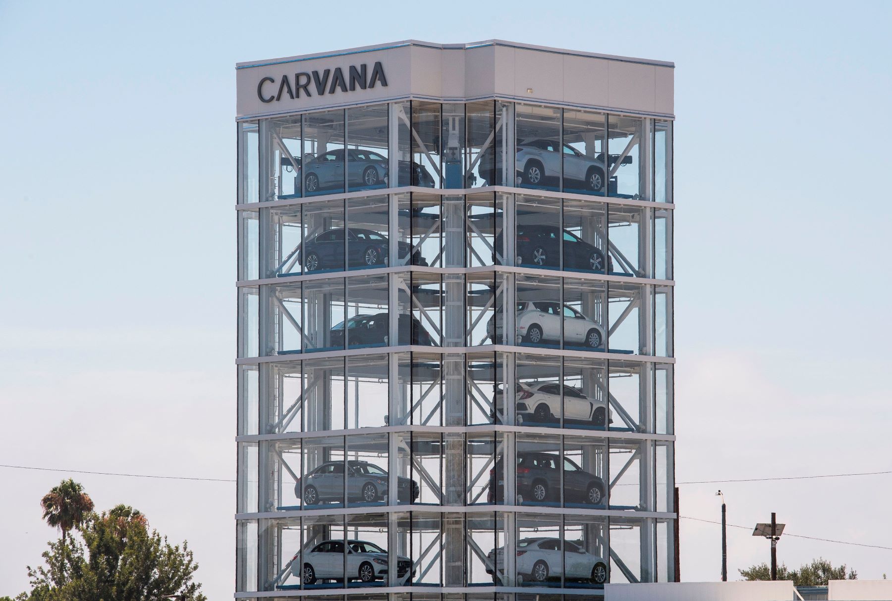 An eight-story Carvana vending machine building in Huntington Beach, California