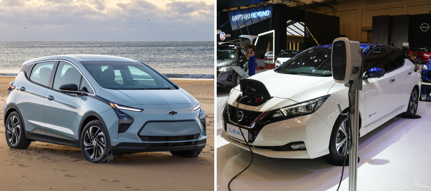 The 2022 Chevy Bolt EV and the 2022 Nissan Leaf electric vehicle models