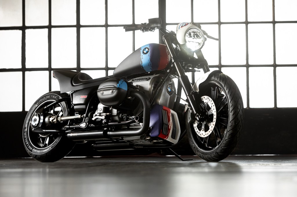 The custom white-and-black-with-blue-green-and-red-stripes 2022 BMW R 18 M