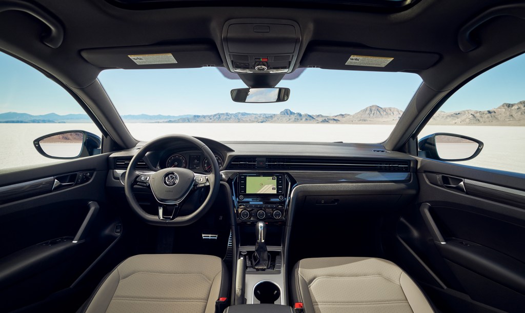 Dashboard and front seats of 2022 VW Passat sedan, which Volkswagen discontinued in all countries