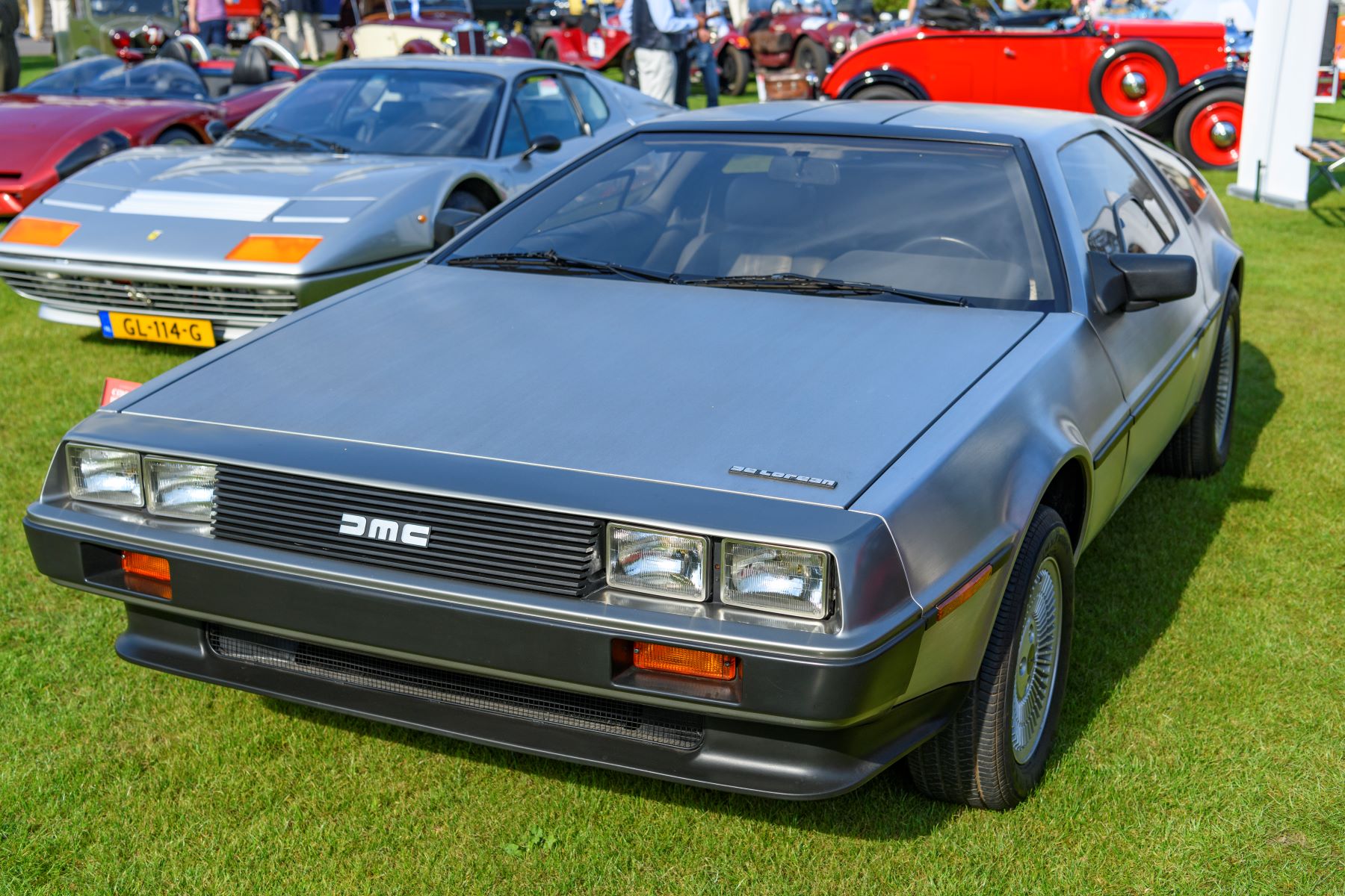 The DeLorean DMC-12 stainless steel car at the 2019 Concours d'Elegance at the Soestdijk palace in Baarn, Netherlands