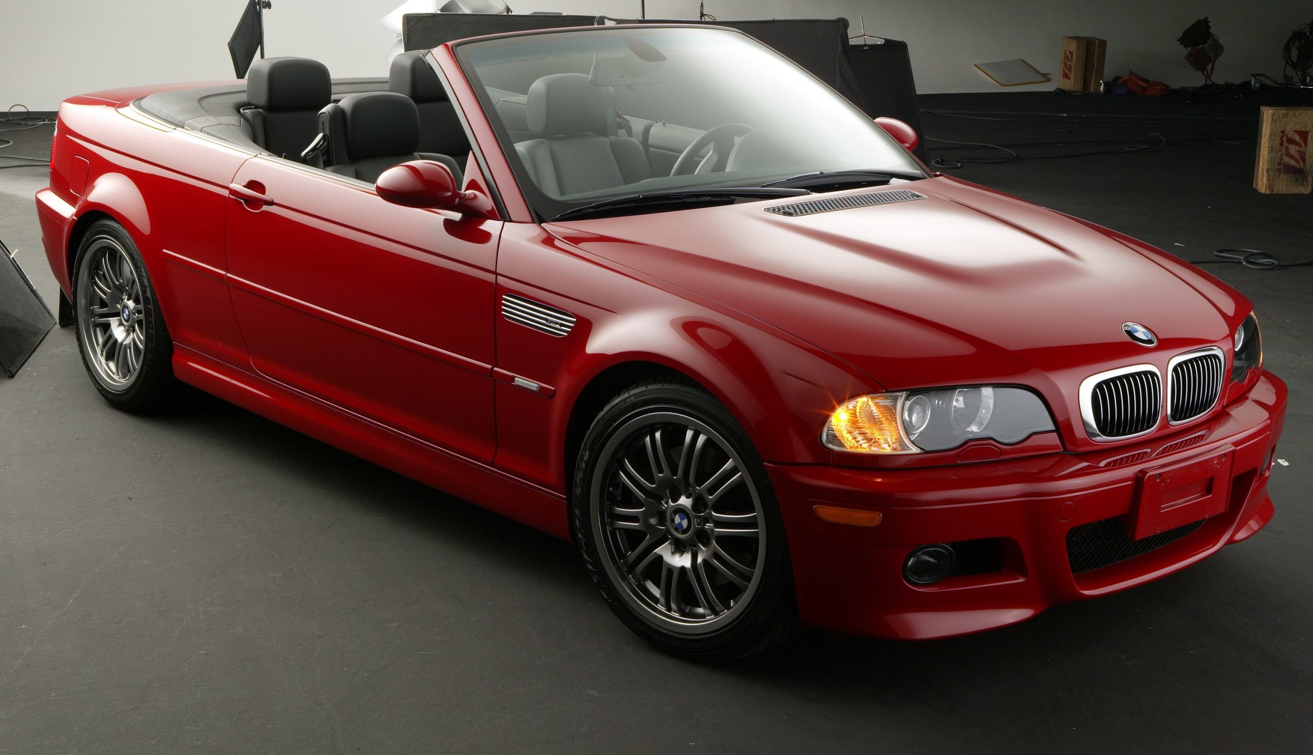 A red E46 BMW M3 shot from the front 3/4
