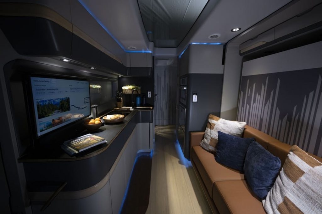 the interior of the thor vision vehicle concept ev camper van with 300 miles of driving range