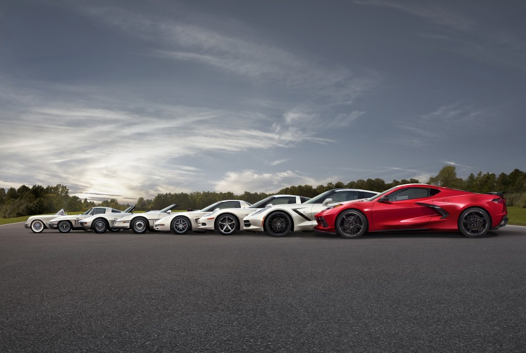 Eight generations of Chevrolet Corvette on a racetrack