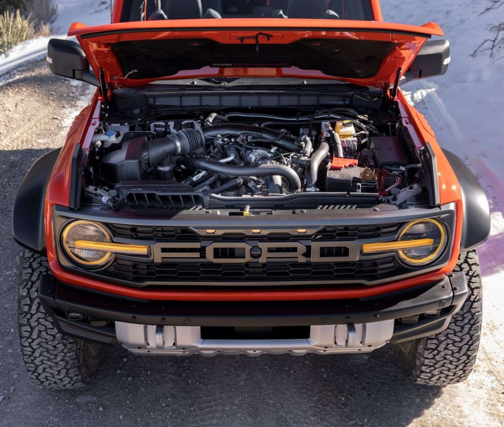 Engine in orange 2022 Ford Bronco Raptor
