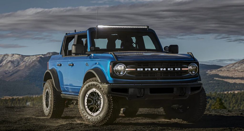 A blue 2021 Ford Bronco is parked outdoors. 