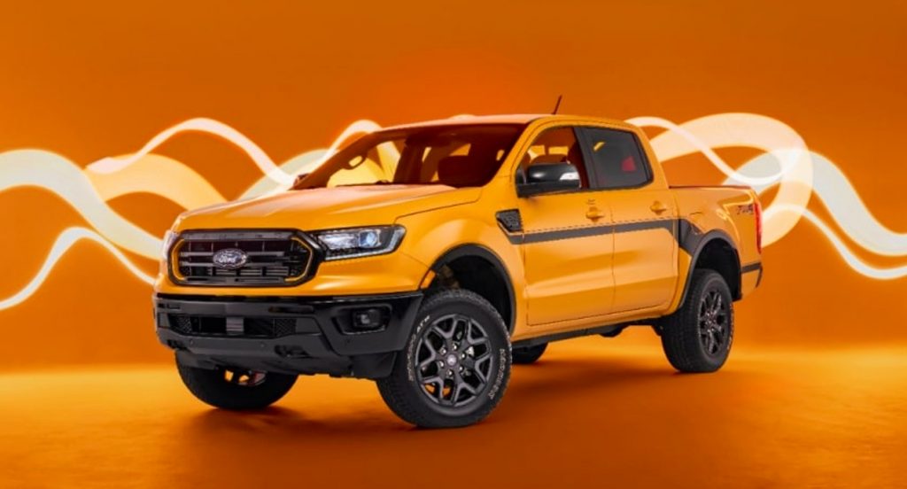 An orange Ford Ranger Splash Limited Edition compact pickup truck. 