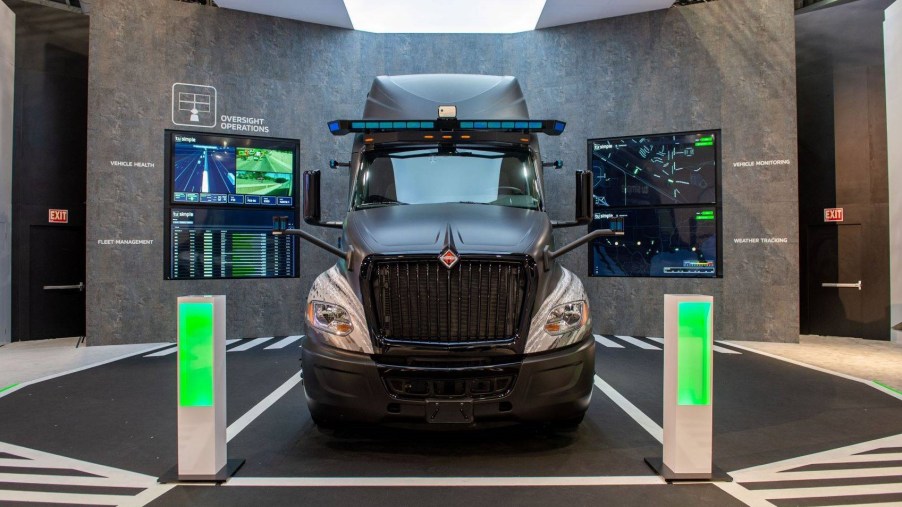 Front view of TuSimple self-driving autonomous robot truck at CES