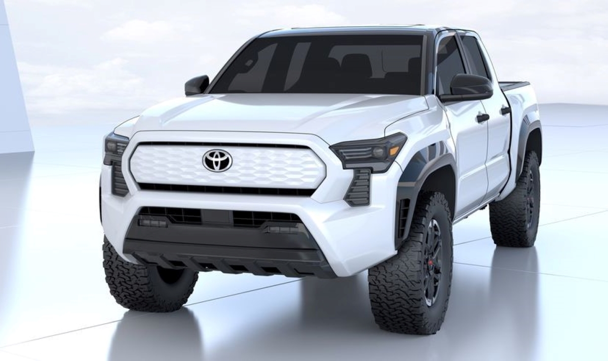 Front view of possible Toyota Tacoma EV concept electric pickup truck with a white exterior paint color