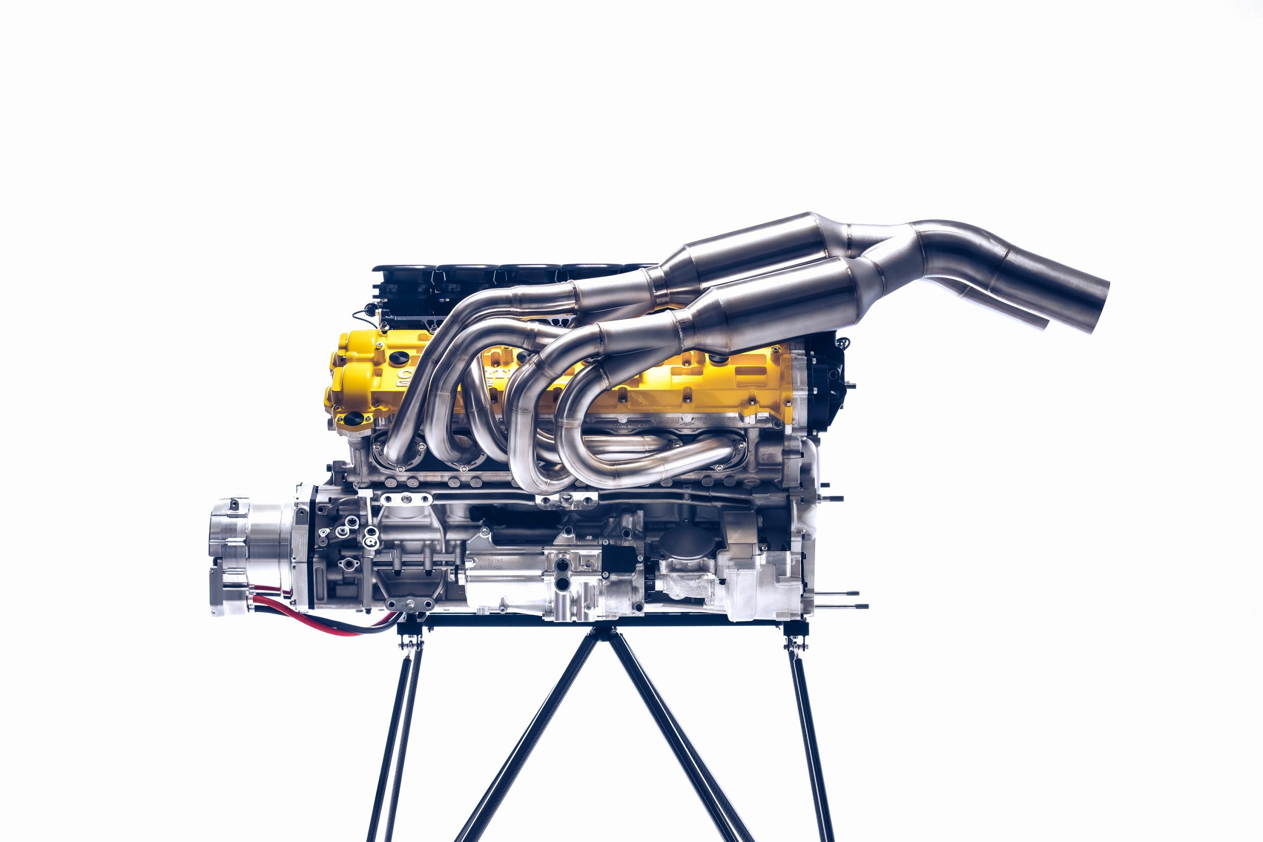 The GMA T.33's V12 engine on a stand against a white background