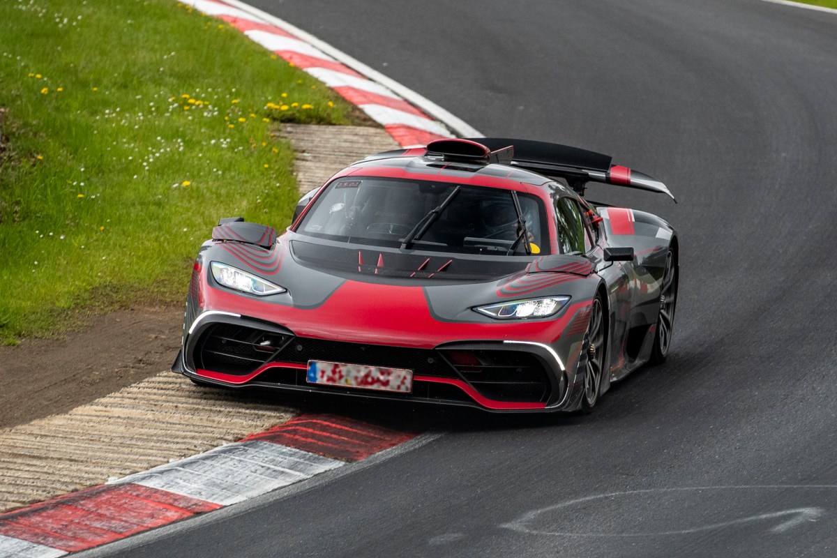 A Mercedes-AMG Project One hypercar prototype testing at the Nurburgring race circuit.