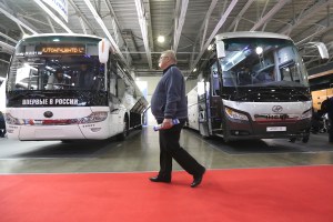 Higer tour buses on display at the Busworld Russia 2018 International Coach and Bus Show