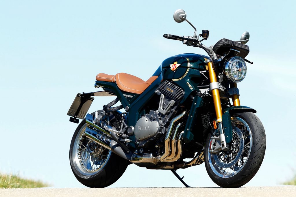 A green Horex VR6 Classic with a brown-leather seat