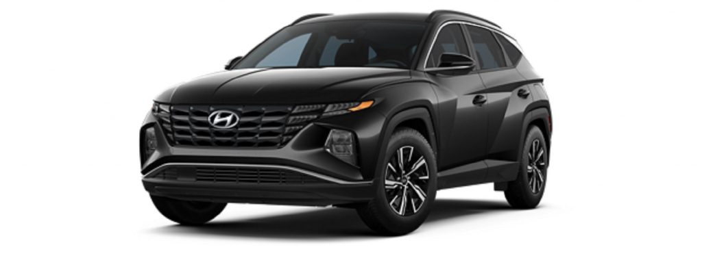 A black 2022 Hyundai Tucson Hybrid against a white background.