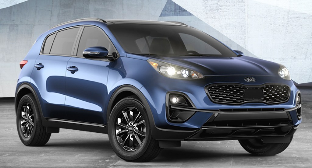 A blue 2022 Kia Sportage compact SUV is parked. 