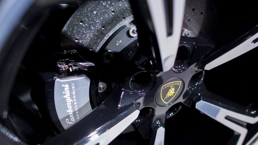 The Brembo carbon ceramic brakes on a Lamborghini