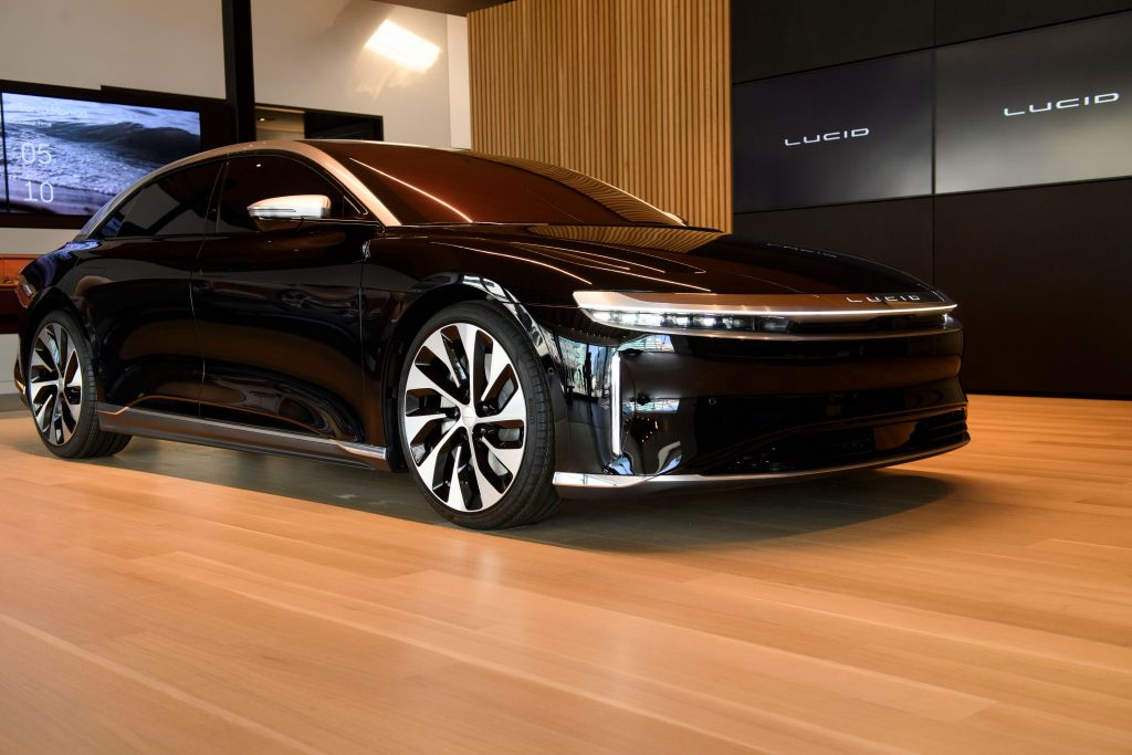 A Lucid Air Grand Touring electric luxury car is displayed at the Lucid Motors Inc. studio.